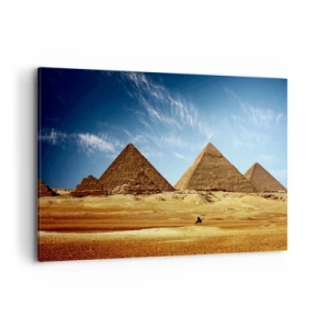 Bild auf Leinwand - Leinwandbild - Die Pyramiden von Gizeh vor blauem Himmel und Wüstenlandschaft - 100x70cm - 40 Jahrhunderte schauen dich an - Moderne Wanddekoration für Wohnzimmer und Schlafzimmer ARTTOR