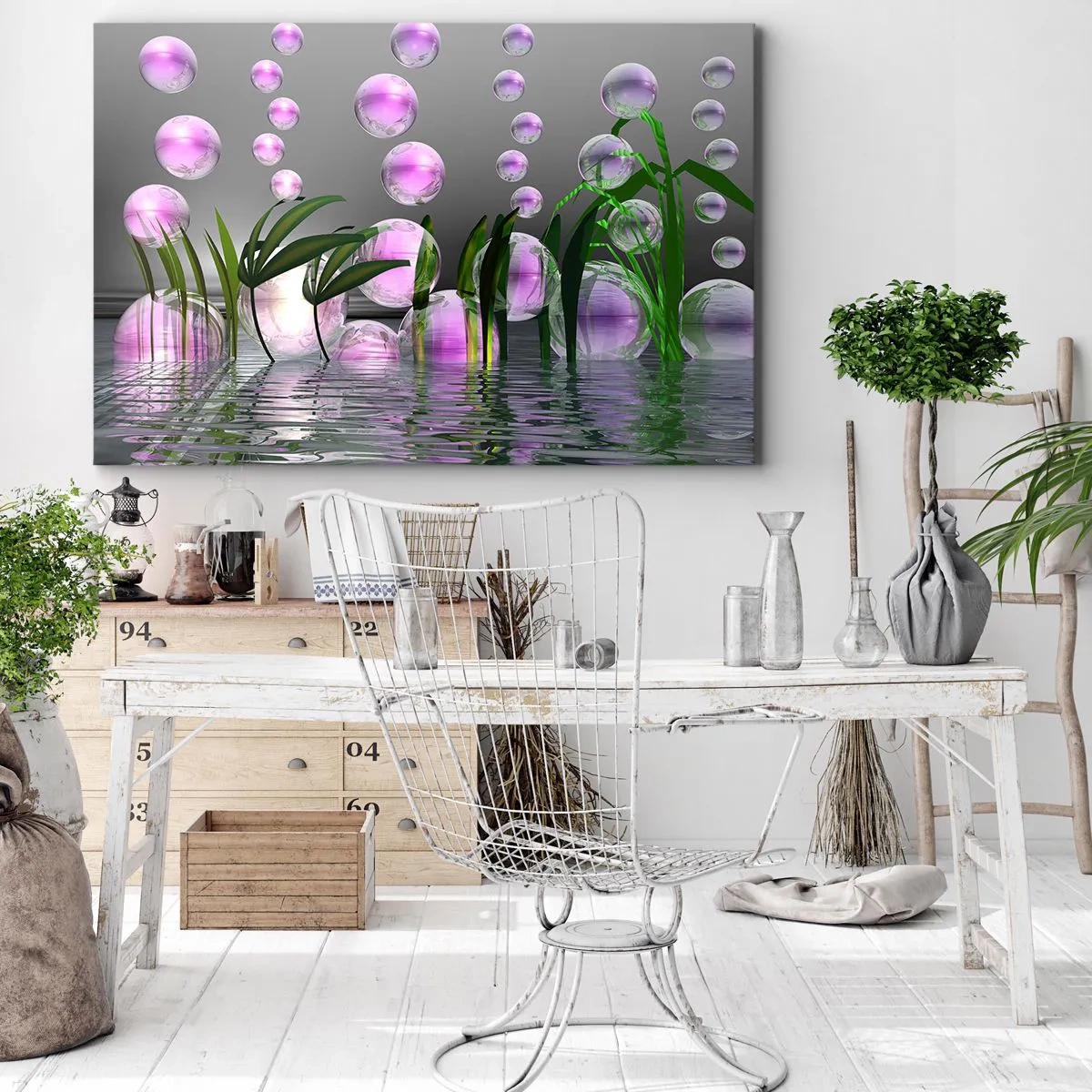 Bild auf Leinwand - Leinwandbild - Grüne Blätter und rosa Blasen über dem Wasser auf grauem Hintergrund - 70x50cm - Eine reflektierende Komposition aus Leichtigkeit und Leben - Moderne Wanddekoration für Wohnzimmer und Schlafzimmer ARTTOR