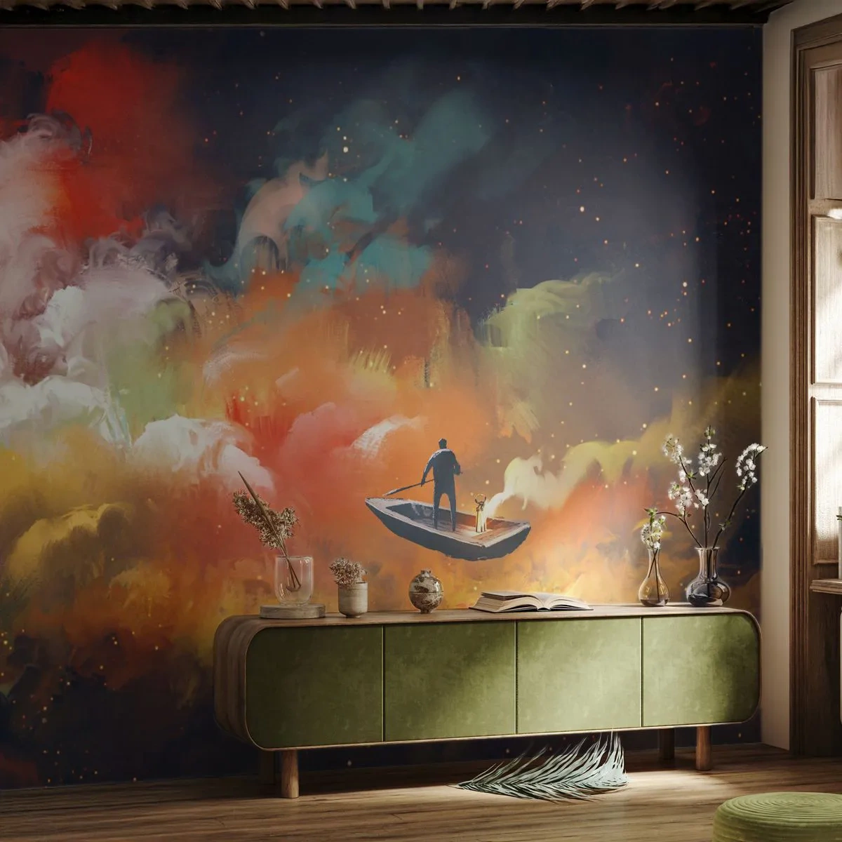 Fototapete Standard Eco - Mit dem Boot durch die Galaxie - Abstraktion, Fantasie, Reise - 450x315 cm