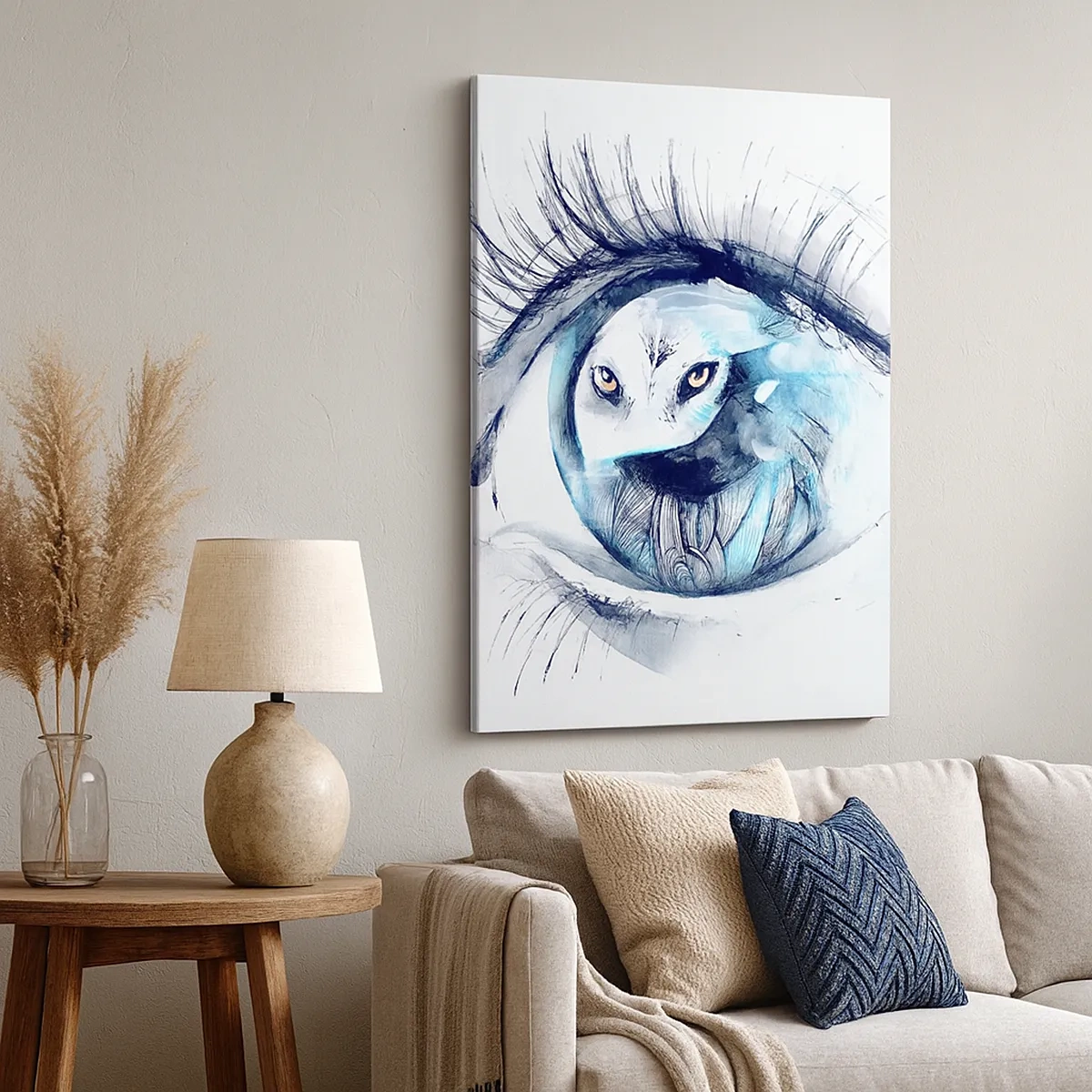 Bild auf Leinwand - Leinwandbild - Ein Auge mit dem Bild einer Eule in Aquarell-Blautönen - 50x70cm - Auge in Auge mit Wildheit - Moderne Wanddekoration für Wohnzimmer und Schlafzimmer ARTTOR