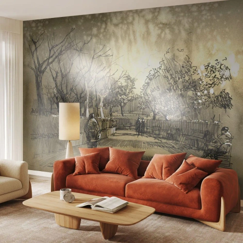Fototapete Premium Canvas - Eine Cartoon-Szene eines Parks mit spazierenden Menschen in warmen Tönen. - 100x70cm - Ein Moment mit einer Feder angehalten - Moderne Wanddekoration für Wohnzimmer und Schlafzimmer ARTTOR