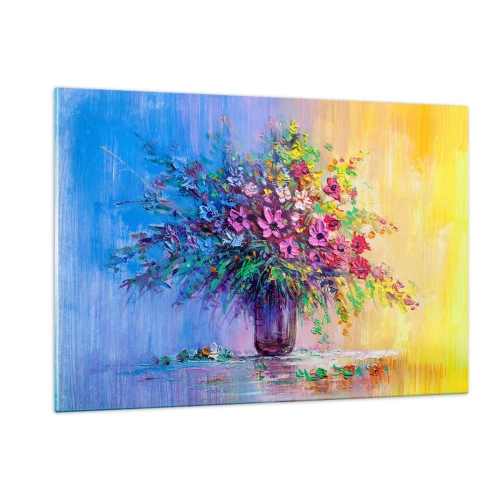 Glasbild - Bild auf glas - Ein bunter Blumenstrauß in einer Vase auf abstraktem Hintergrund - 120x80cm - Sommergeschenk der Wiese - Moderne Wanddekoration für Wohnzimmer und Schlafzimmer ARTTOR