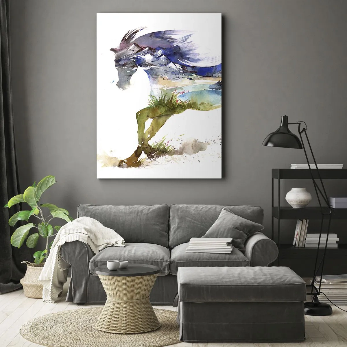 Bild auf Leinwand - Leinwandbild - Aquarell eines Pferdes mit einer Berglandschaft in der Silhouette - 50x70cm - Von der Wiese direkt in den Himmel - Moderne Wanddekoration für Wohnzimmer und Schlafzimmer ARTTOR