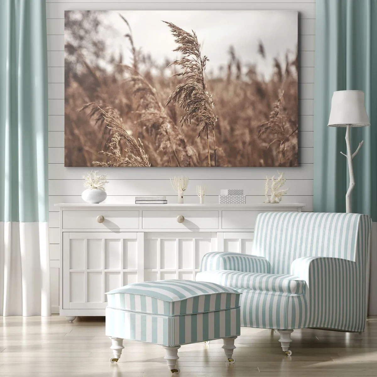 Bild auf Leinwand - Leinwandbild - Goldene Gräser vor dem Hintergrund der Herbstlandschaft - 70x50cm - Auf den Feldern ist es schon Herbst - Moderne Wanddekoration für Wohnzimmer und Schlafzimmer ARTTOR