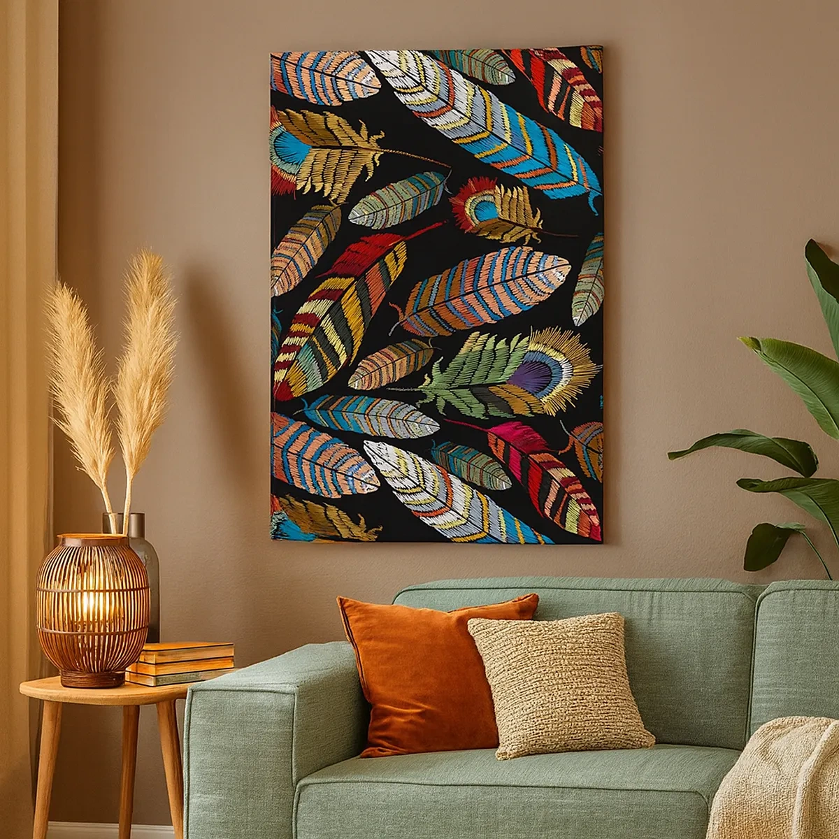 Bild auf Leinwand - Leinwandbild - Bunte Federn auf schwarzem Hintergrund - 50x70cm - Der Vogelkarneval - Moderne Wanddekoration für Wohnzimmer und Schlafzimmer ARTTOR