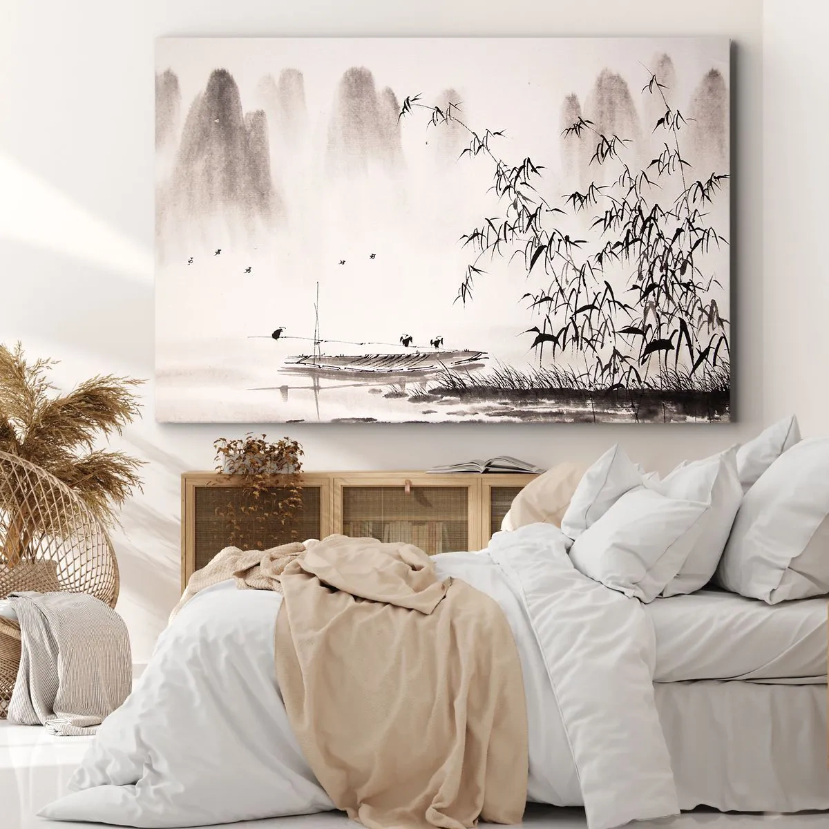 Bild auf Leinwand - Leinwandbild - Eine minimalistische Landschaft im orientalischen Stil - 100x70cm - Die Stille der Reisfelder - Moderne Wanddekoration für Wohnzimmer und Schlafzimmer ARTTOR