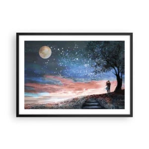 Poster in einem schwarzem Rahmen - Romantische Paarszene unter Vollmond - 70x50cm - Ein sternenklares Spektakel - Moderne Wanddekoration für Wohnzimmer und Schlafzimmer ARTTOR
