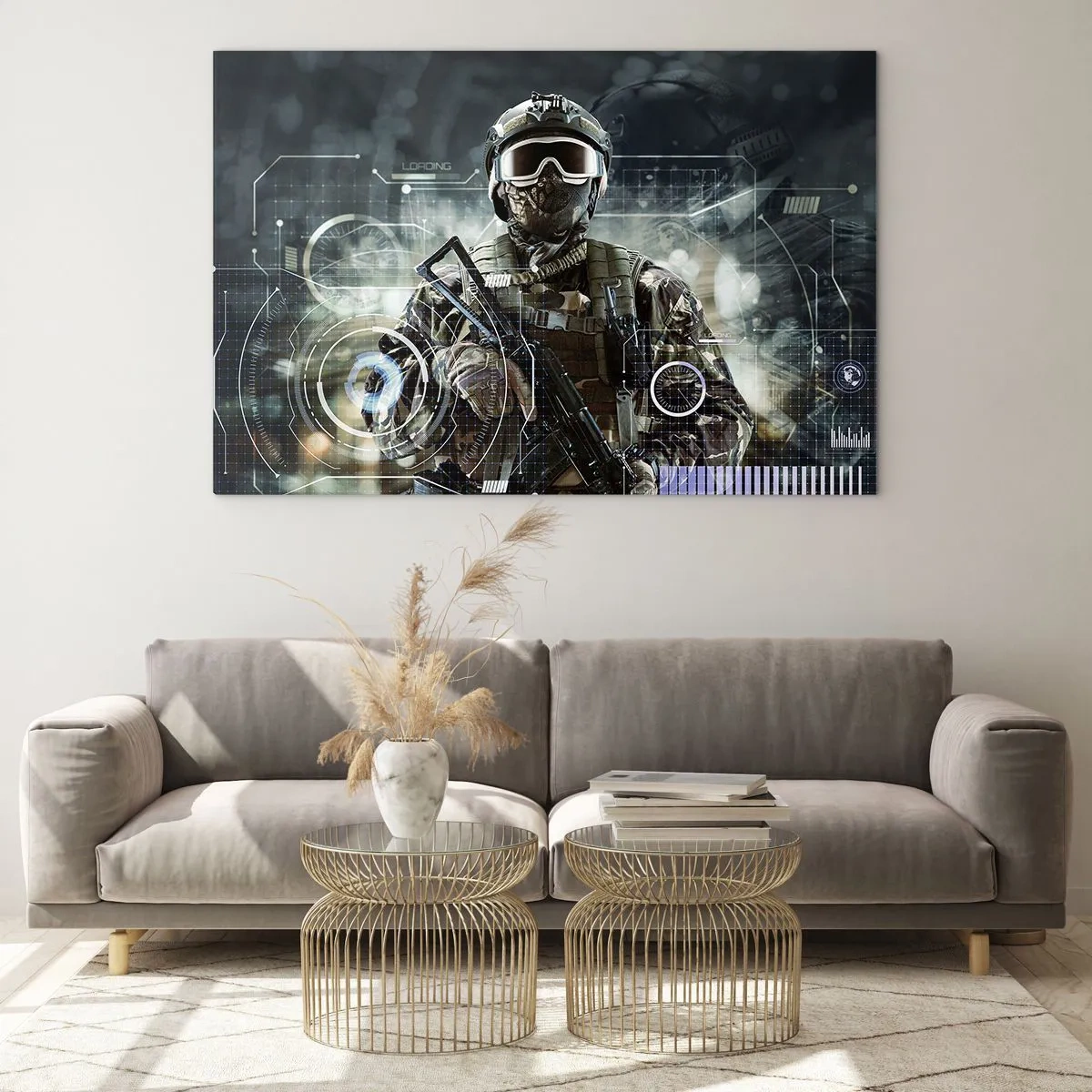 Glasbild - Bild auf glas - Ein Soldat in taktischer Ausrüstung vor dem Hintergrund einer futuristischen Benutzeroberfläche. - 100x70cm - Macht zu Macht - Moderne Wanddekoration für Wohnzimmer und Schlafzimmer ARTTOR