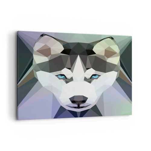 Bild auf Leinwand - Leinwandbild - Geometrischer Wolf mit ausdrucksstarken blauen Augen - 100x70cm - Die Erinnerung an den Schnee des Nordens - Moderne Wanddekoration für Wohnzimmer und Schlafzimmer ARTTOR