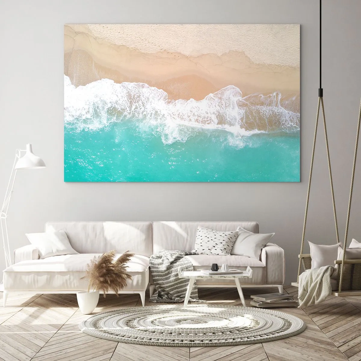 Glasbild - Bild auf glas - Luftaufnahme des Strandes mit türkisfarbenem Wasser und weißen Wellen - 70x50cm - Eine streichelnde Berührung - Moderne Wanddekoration für Wohnzimmer und Schlafzimmer ARTTOR