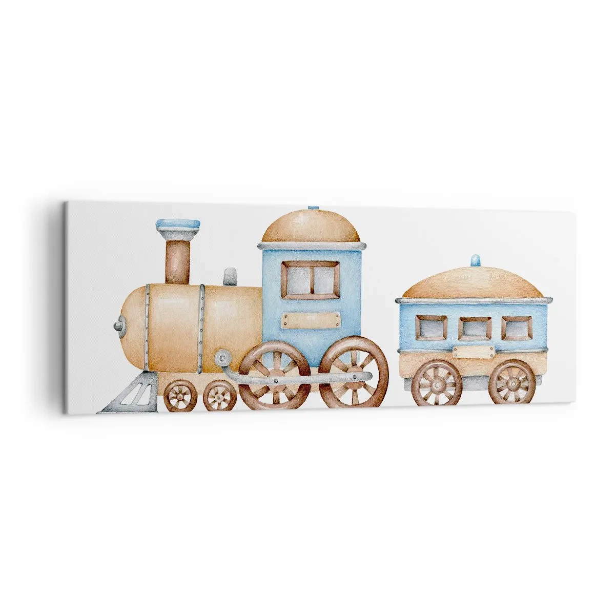 Bild auf Leinwand - Leinwandbild - Zeichnung eines Zuges in Pastelltönen auf weißem Hintergrund - 140x50cm - Am Bahnhof steht ... - Moderne Wanddekoration für Wohnzimmer und Schlafzimmer ARTTOR