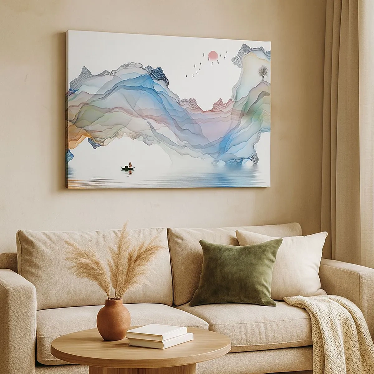 Bild auf Leinwand - Leinwandbild - Eine subtile Landschaft mit Bergen, Wasser und einem Boot - 70x50cm - Zu den Kristallbergen - Moderne Wanddekoration für Wohnzimmer und Schlafzimmer ARTTOR