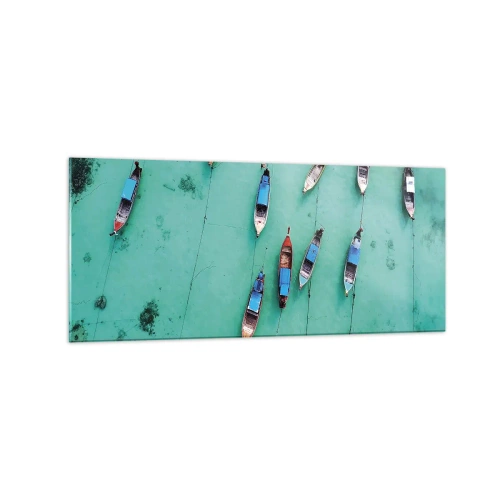 Glasbild - Bild auf glas - Boote auf türkisfarbenem Wasser aus der Vogelperspektive - 120x50cm - In freudiger Erwartung - Moderne Wanddekoration für Wohnzimmer und Schlafzimmer ARTTOR