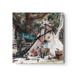 Wanduhr - Glasuhr - Boho-Dekoration mit einem Tipi im Wald - 30x30cm - Liebe machen ... - Moderne Wanddekoration für Wohnzimmer und Schlafzimmer ARTTOR