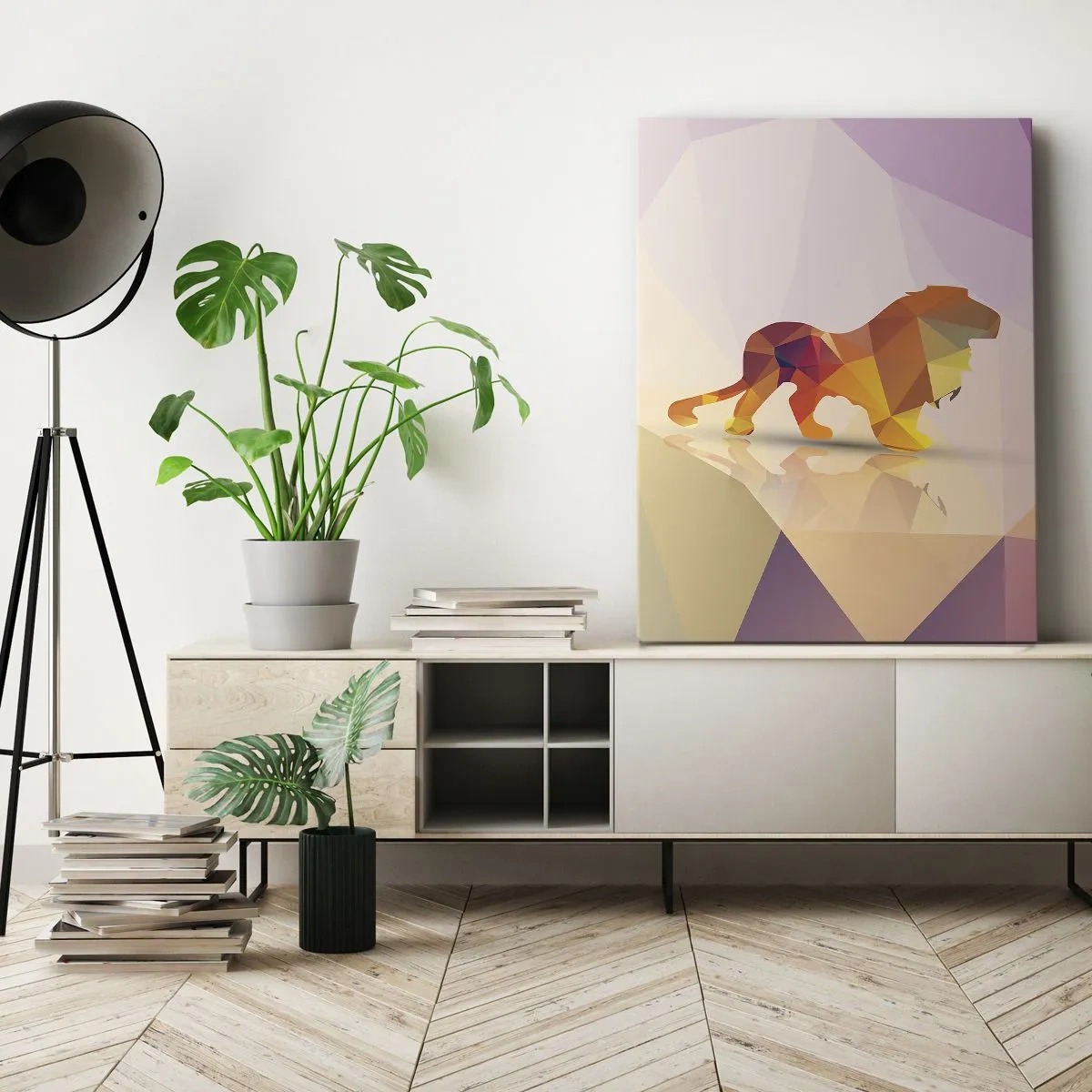 Bild auf Leinwand - Leinwandbild - Geometrische Silhouette eines Löwen in Gelb- und Orangetönen - 50x70cm - Der Diamantenkönig - Moderne Wanddekoration für Wohnzimmer und Schlafzimmer ARTTOR