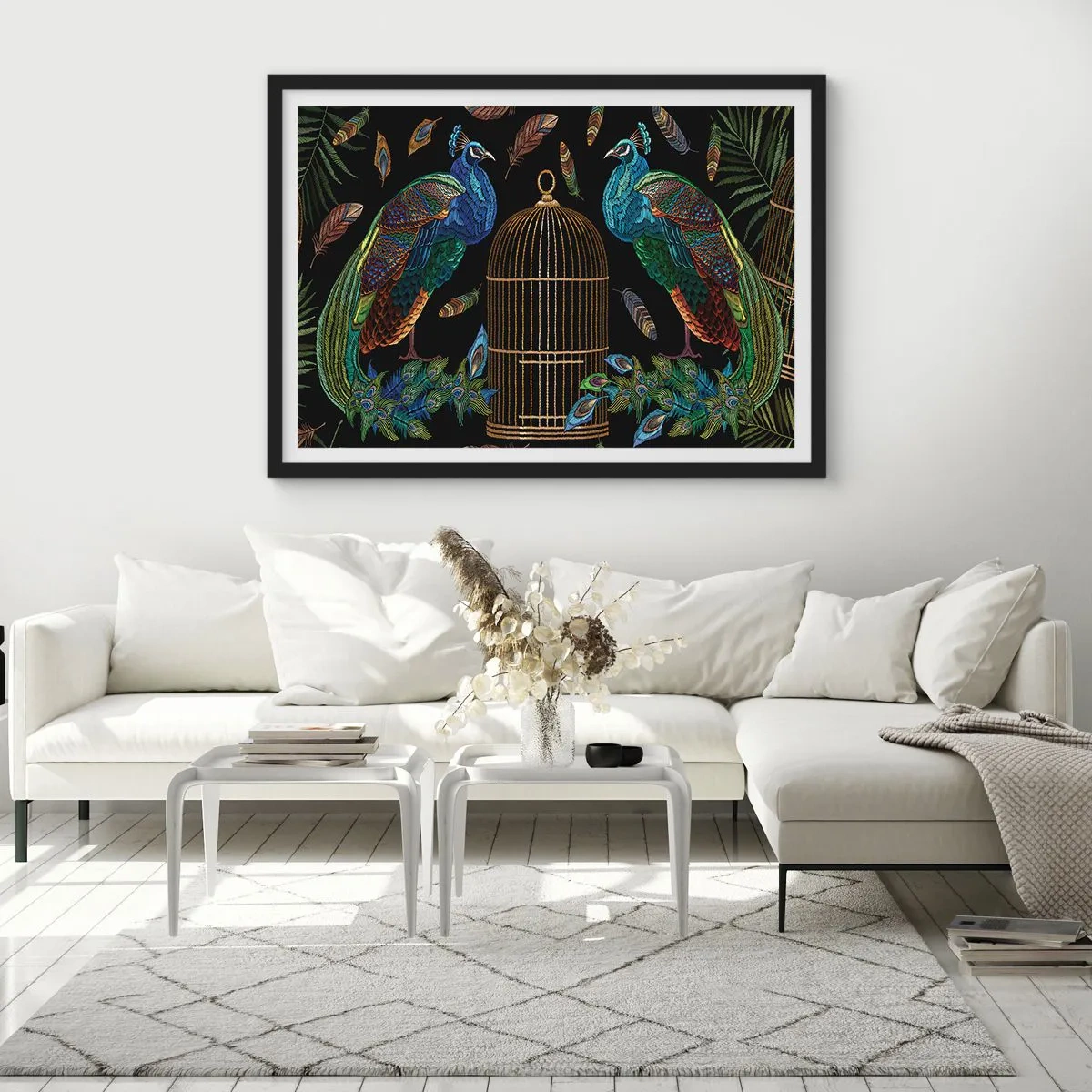 Poster in einem schwarzem Rahmen - Pfauen neben einem goldenen Käfig auf schwarzem Hintergrund - 70x50cm - In königlichen Gewändern - Moderne Wanddekoration für Wohnzimmer und Schlafzimmer ARTTOR