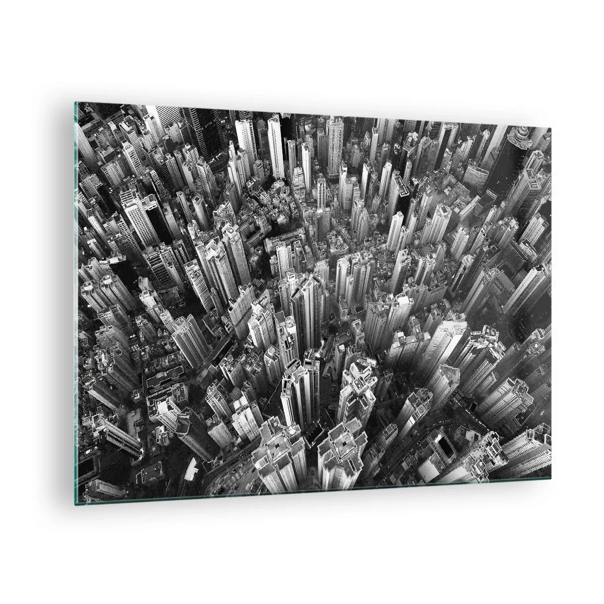 Glasbild - Bild auf glas - Schwarz-weiße Vogelperspektive der Stadt - 70x50cm - Immer höher und höher - Moderne Wanddekoration für Wohnzimmer und Schlafzimmer ARTTOR