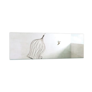 Glasbild - Bild auf glas - Ein aus einem Käfig befreiter Vogel vor dem Hintergrund eines hellen Himmels - 160x50cm - In seinem Element - Moderne Wanddekoration für Wohnzimmer und Schlafzimmer ARTTOR