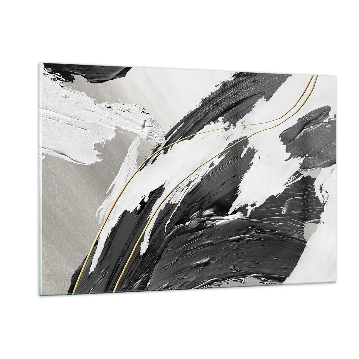Glasbild - Bild auf glas - Dynamische Striche in Schwarz und Weiß mit goldenem Akzent - 120x80cm - Abstraktion in großem Stil - Moderne Wanddekoration für Wohnzimmer und Schlafzimmer ARTTOR