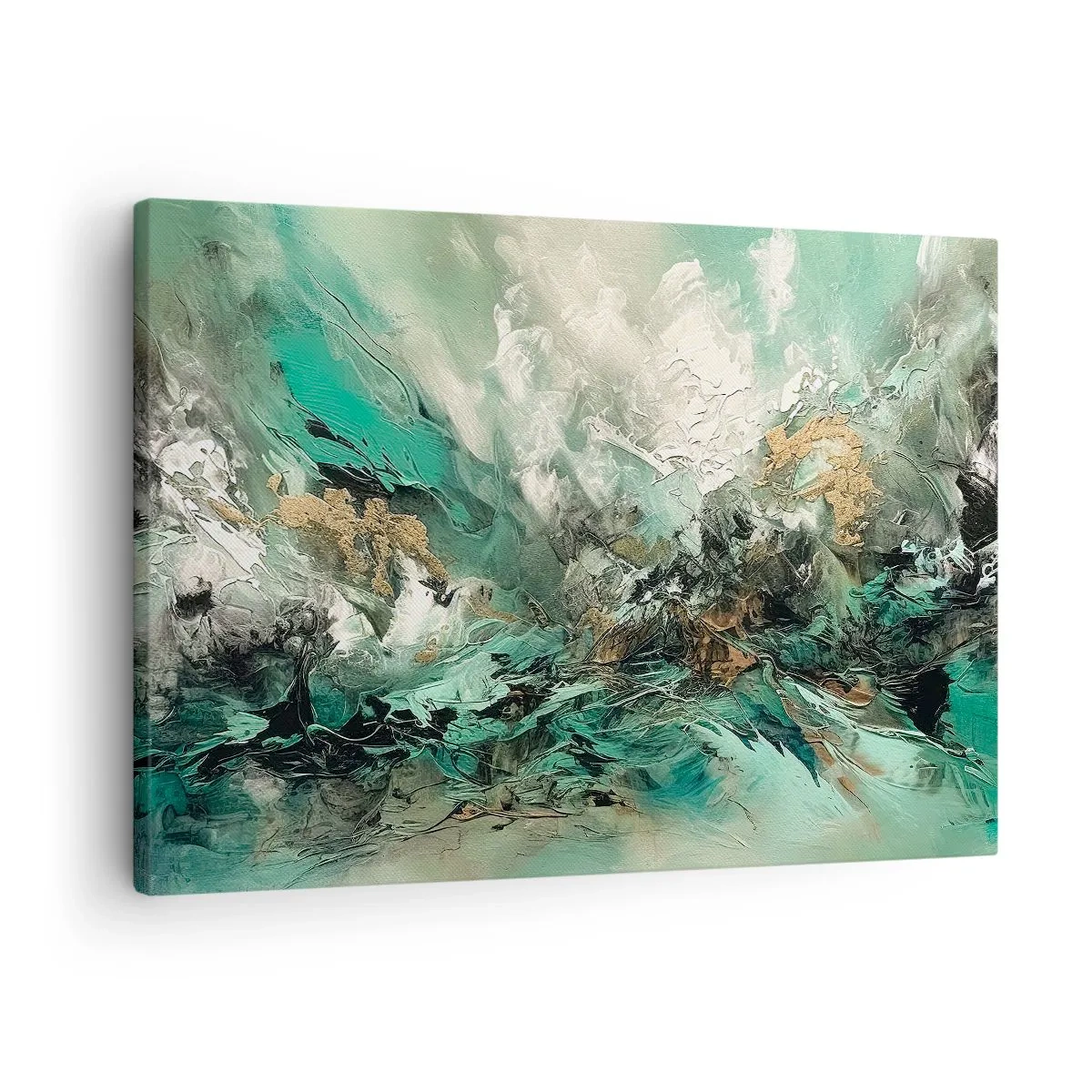 Bild auf Leinwand - Leinwandbild - Abstrakte Landschaft in Grün- und Goldtönen - 70x50cm - Smaragdgrüne und schwarze Brandung - Moderne Wanddekoration für Wohnzimmer und Schlafzimmer ARTTOR
