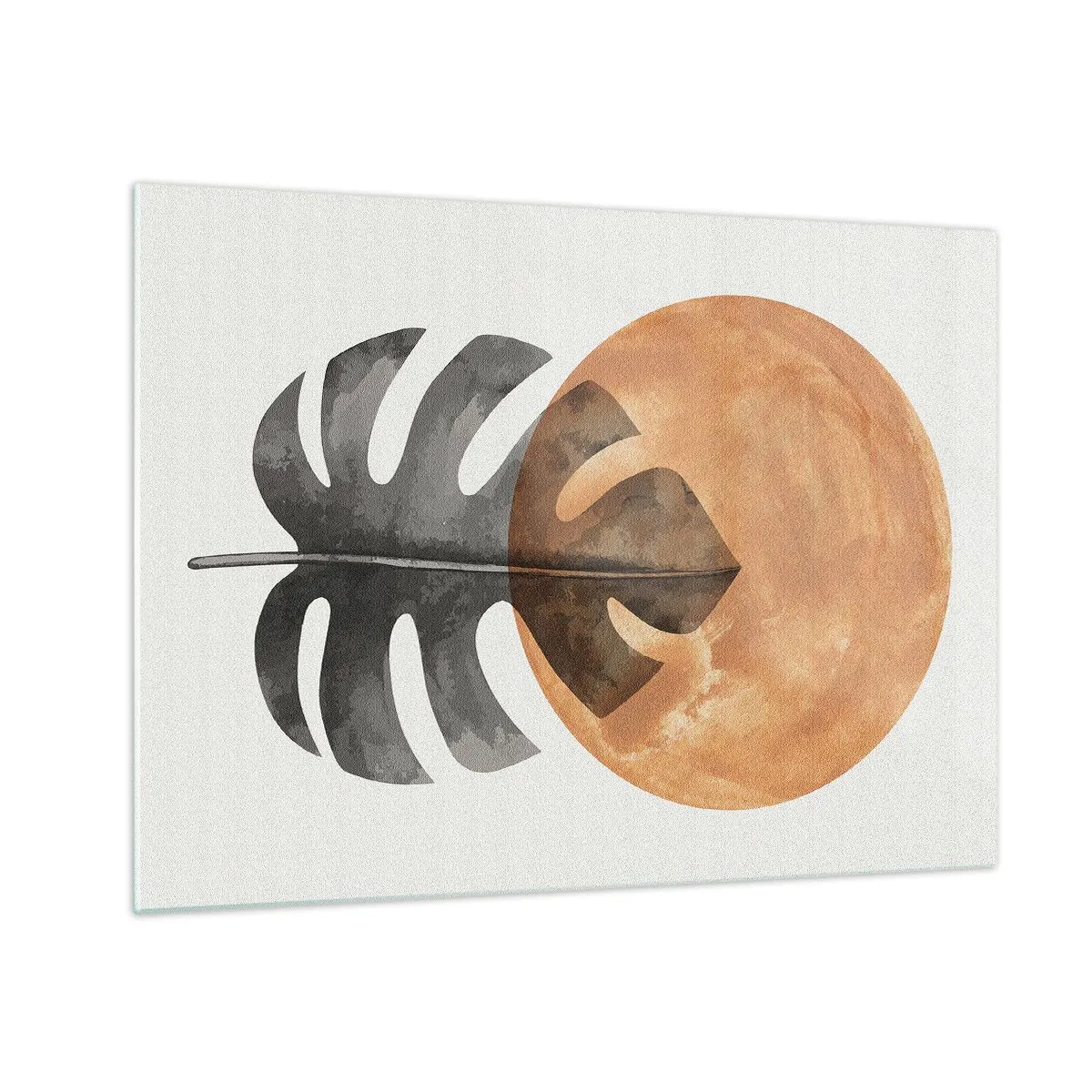 Glasbild - Bild auf glas - Monstera-Blatt und orangefarbener Kreis im Grafikstil auf weißem Hintergrund. - 70x50cm - Immer die Sonne - Moderne Wanddekoration für Wohnzimmer und Schlafzimmer ARTTOR