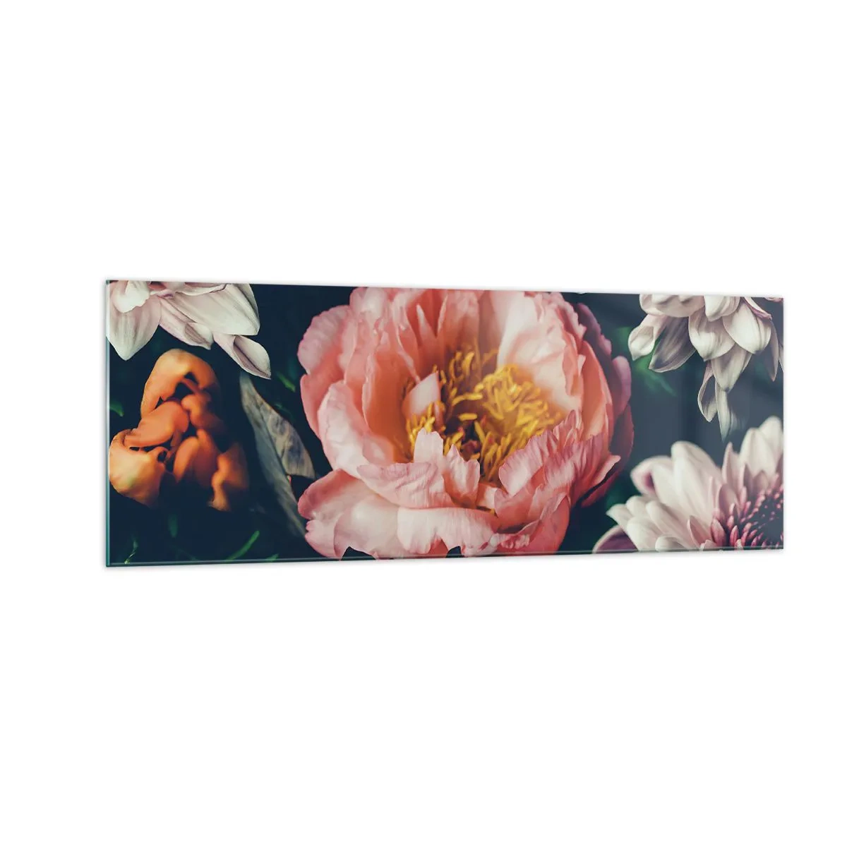 Glasbild - Bild auf glas - Blumenarrangement mit Pfingstrosen und Chrysanthemen auf dunklem Hintergrund - 140x50cm - Mit barocker Pracht - Moderne Wanddekoration für Wohnzimmer und Schlafzimmer ARTTOR