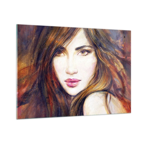 Glasbild - Bild auf glas - Porträt einer Frau in warmen, künstlerischen Farben - 100x70cm - Einen Penny für deine Gedanken - Moderne Wanddekoration für Wohnzimmer und Schlafzimmer ARTTOR
