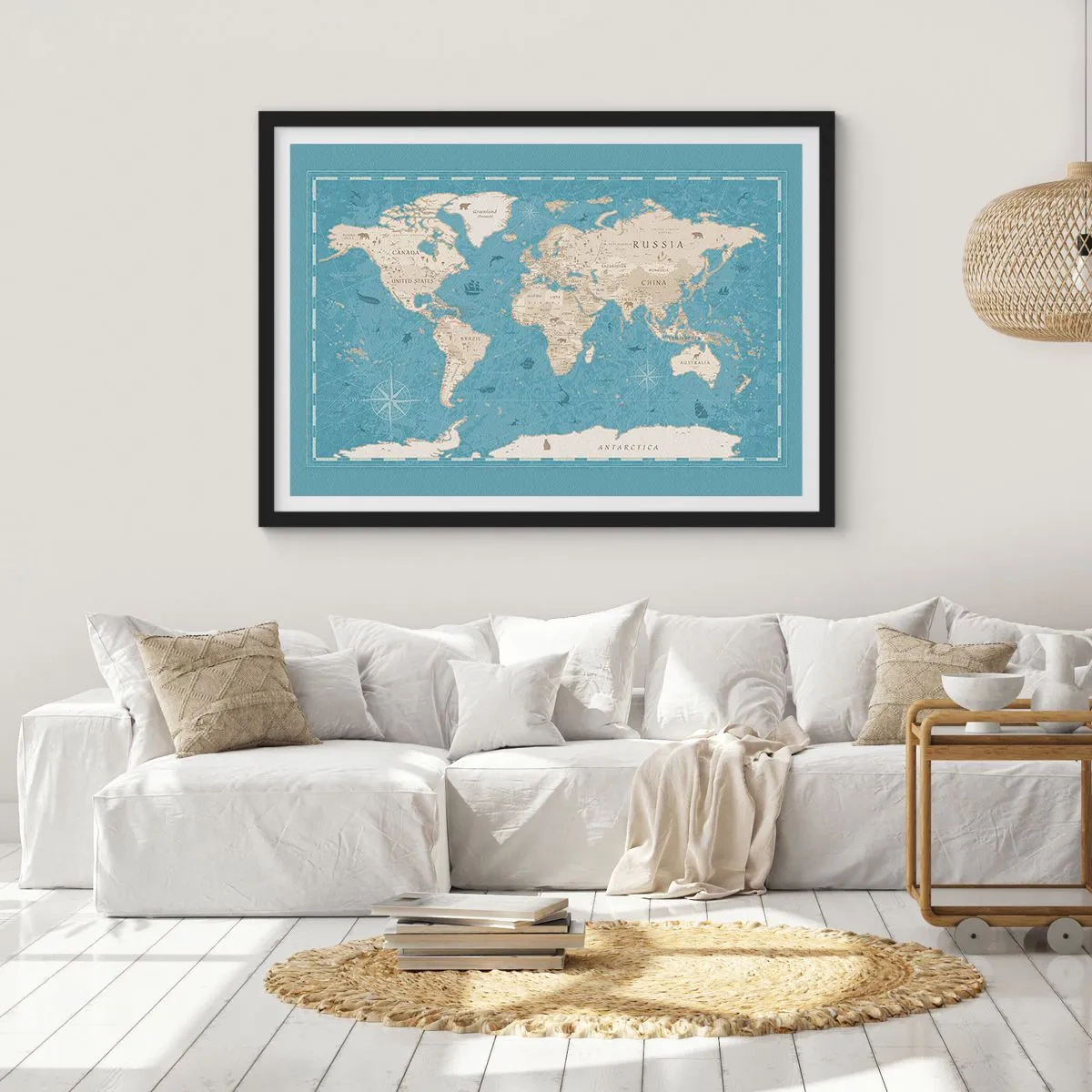 Poster in einem schwarzem Rahmen - Dekorative Weltkarte in Blau- und Beigetönen - 70x50cm - Die Welt liegt zum Greifen nah - Moderne Wanddekoration für Wohnzimmer und Schlafzimmer ARTTOR