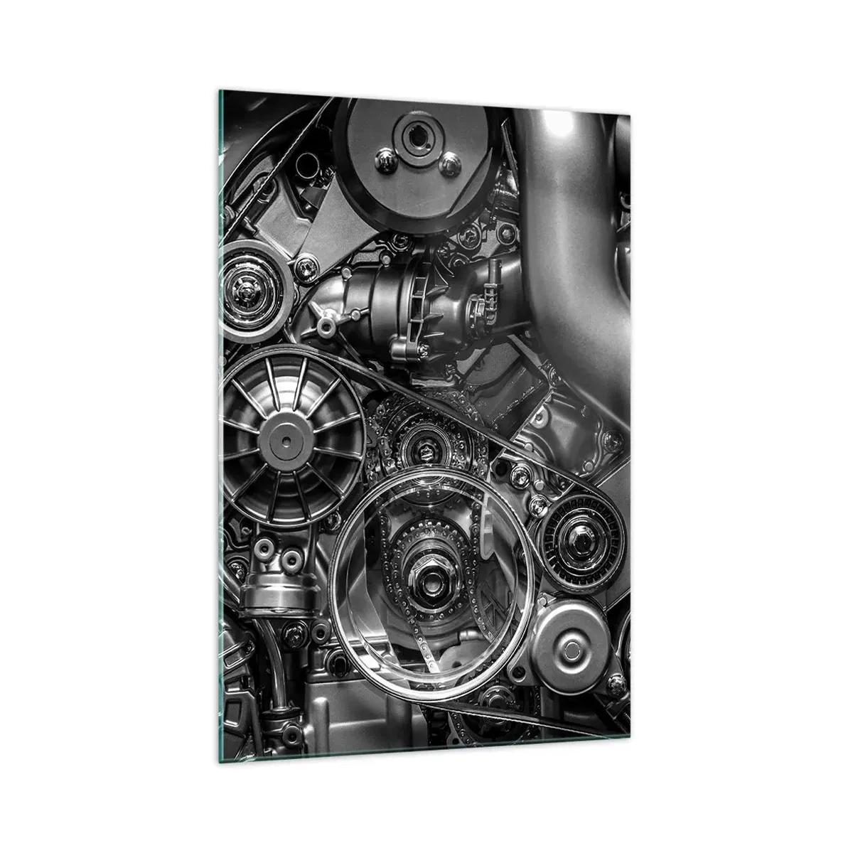 Glasbild - Bild auf glas - Schwarz-Weiß-Nahaufnahme der mechanischen Details eines Automotors. - 70x100cm - Die Poesie der Mechanik - Moderne Wanddekoration für Wohnzimmer und Schlafzimmer ARTTOR