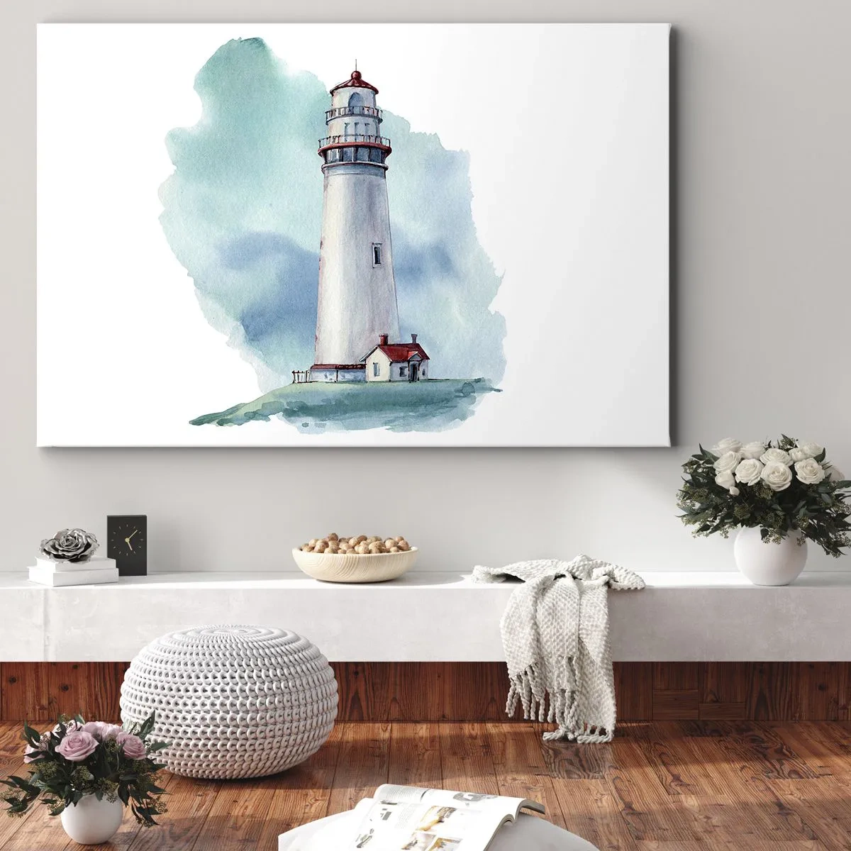 Bild auf Leinwand - Leinwandbild - Ein Leuchtturm vor einem aquarellblauen Hintergrund - 70x50cm - Sanfte Schwester vom Blau - Moderne Wanddekoration für Wohnzimmer und Schlafzimmer ARTTOR