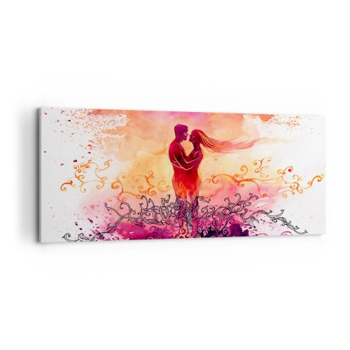 Bild auf Leinwand - Leinwandbild - Ein Paar umarmt sich vor einem abstrakten rosa und orangefarbenen Muster - 120x50cm - Ein Herz! ich brauche so wenig... - Moderne Wanddekoration für Wohnzimmer und Schlafzimmer ARTTOR