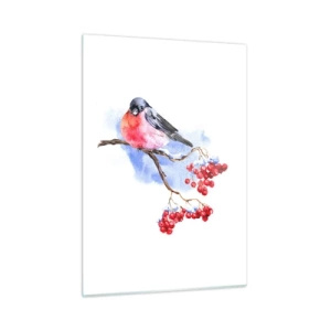 Glasbild - Bild auf glas - Ein Vogel auf einem Ebereschenzweig - 50x70cm - Winter in Farbe - Moderne Wanddekoration für Wohnzimmer und Schlafzimmer ARTTOR