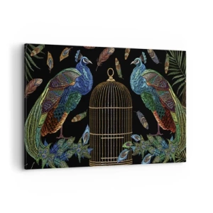 Bild auf Leinwand - Leinwandbild - Pfauen neben einem goldenen Käfig auf schwarzem Hintergrund - 100x70cm - In königlichen Gewändern - Moderne Wanddekoration für Wohnzimmer und Schlafzimmer ARTTOR