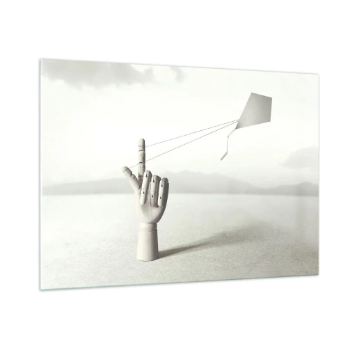 Glasbild - Bild auf glas - Eine Holzhand, die einen schwebenden Drachen auf dem Finger hält - 100x70cm - Kraftprobe - Moderne Wanddekoration für Wohnzimmer und Schlafzimmer ARTTOR