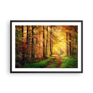 Poster in einem schwarzem Rahmen - Ein Waldweg, umgeben von goldenen und grünen Bäumen - 70x50cm - Waldgoldene Stille - Moderne Wanddekoration für Wohnzimmer und Schlafzimmer ARTTOR