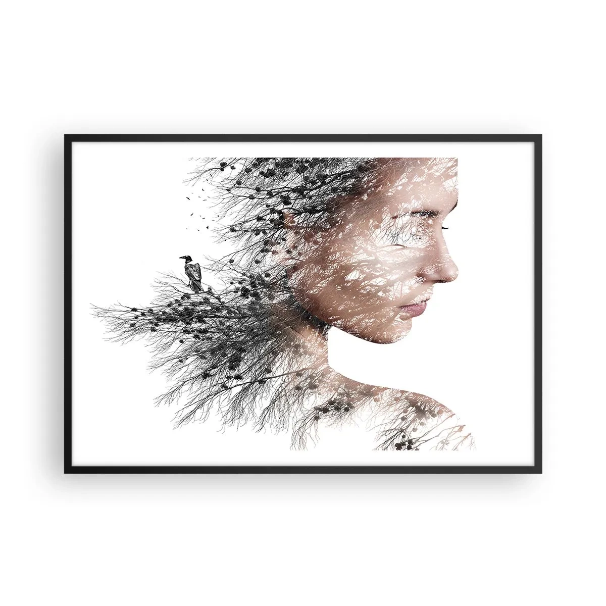 Poster in einem schwarzem Rahmen - Silhouette einer Frau mit einem Zweig und Vogelmotiv im Hintergrund - 100x70cm - Der Geist des Waldes - Moderne Wanddekoration für Wohnzimmer und Schlafzimmer ARTTOR