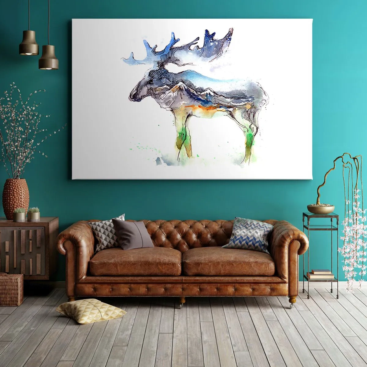 Bild auf Leinwand - Leinwandbild - Aquarell-Silhouette eines Elches mit Berglandschaft - 120x80cm - Der Held eines Wintermärchens - Moderne Wanddekoration für Wohnzimmer und Schlafzimmer ARTTOR