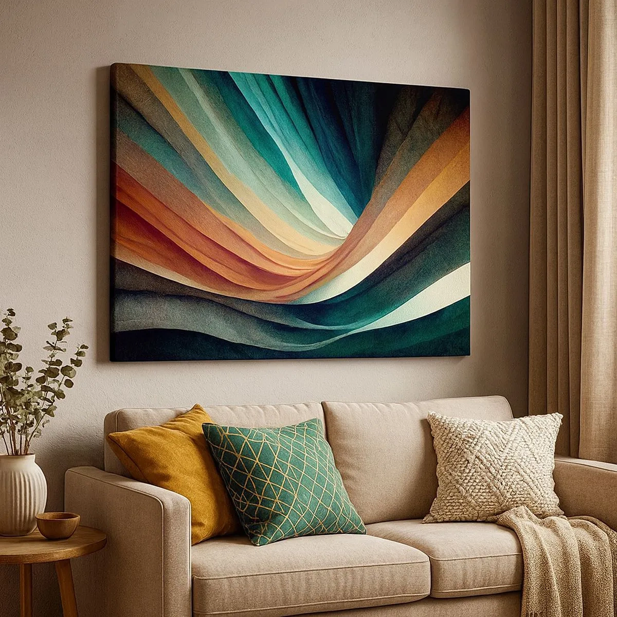 Bild auf Leinwand - Leinwandbild - Abstrakte Wellen in warmen und kühlen Farbtönen - 70x50cm - Aus Farben gewebt - Moderne Wanddekoration für Wohnzimmer und Schlafzimmer ARTTOR
