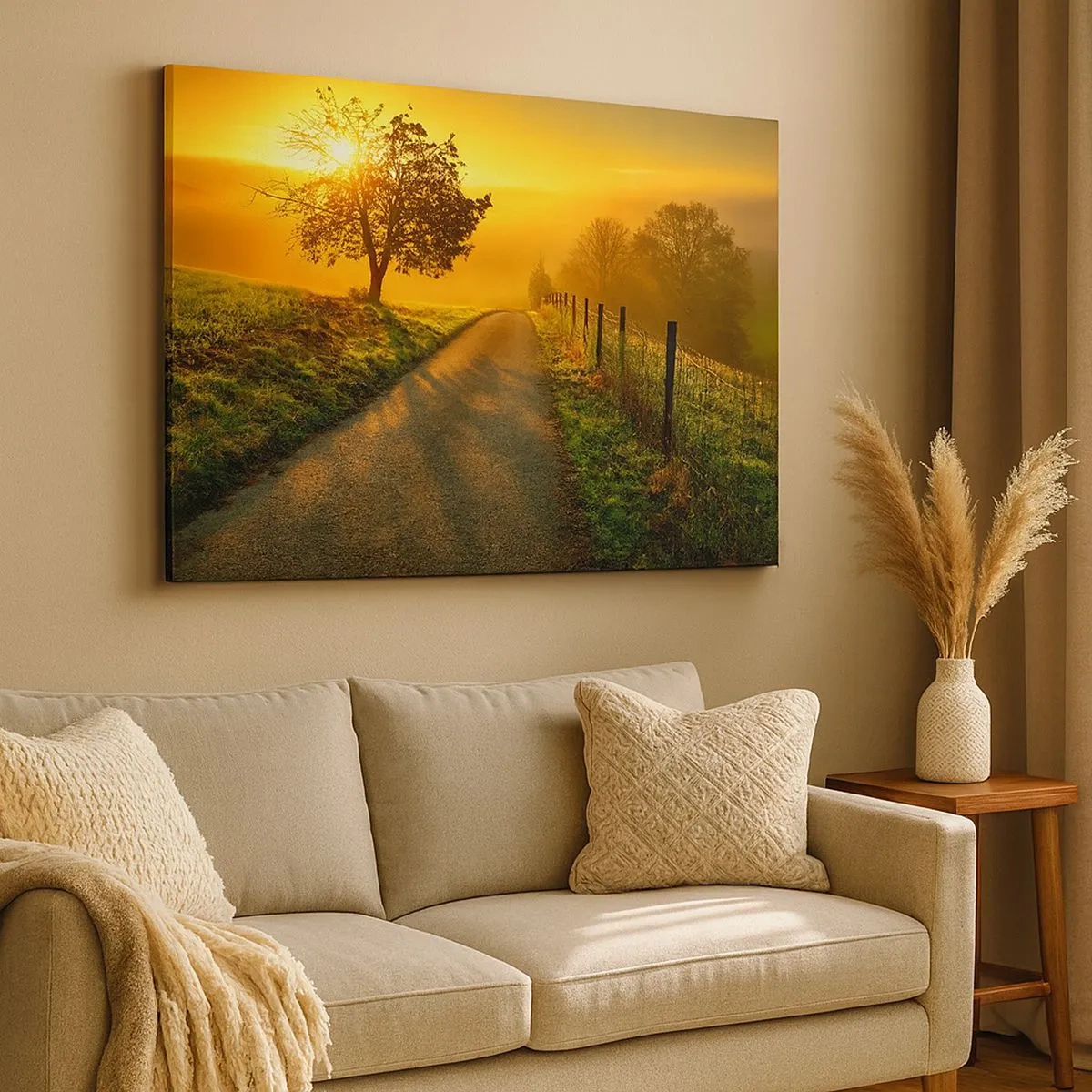 Bild auf Leinwand - Leinwandbild - Eine malerische Straße bei Sonnenuntergang mit einem einsamen Baum im Hintergrund - 70x50cm - Honig-Nachmittag - Moderne Wanddekoration für Wohnzimmer und Schlafzimmer ARTTOR
