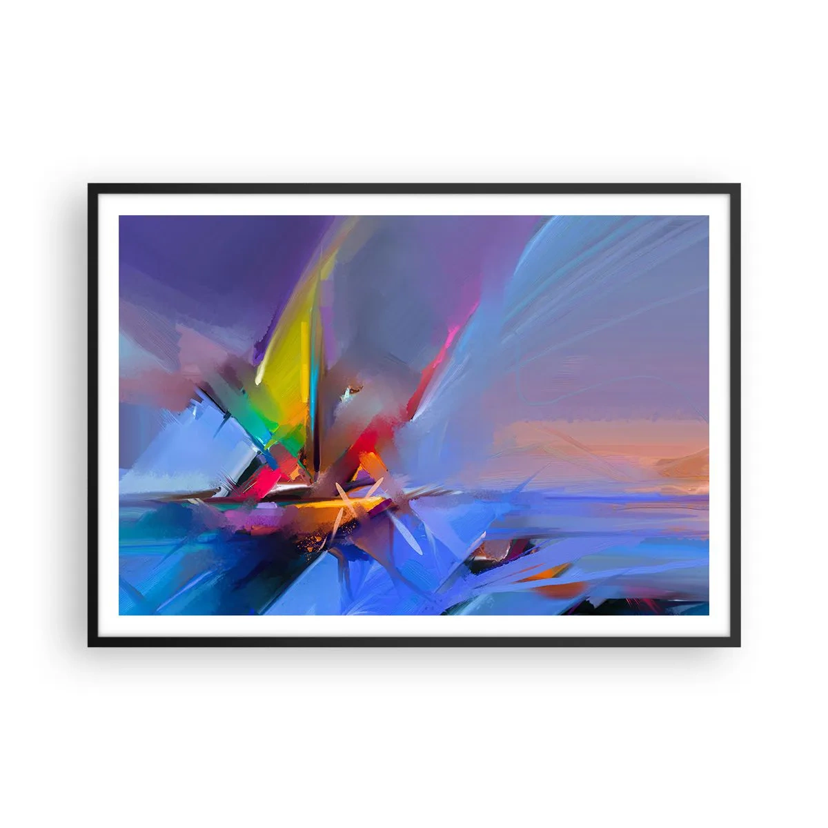 Poster in einem schwarzem Rahmen - Abstrakte Komposition mit intensiven Farben - 100x70cm - Propeller wie ein Vogel - Moderne Wanddekoration für Wohnzimmer und Schlafzimmer ARTTOR