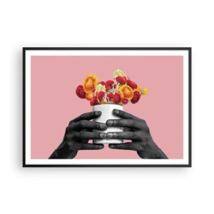 Poster in einem schwarzem Rahmen - Hände halten einen Strauß bunter Blumen - 100x70cm - Die Apotheose des Lebens - Moderne Wanddekoration für Wohnzimmer und Schlafzimmer ARTTOR