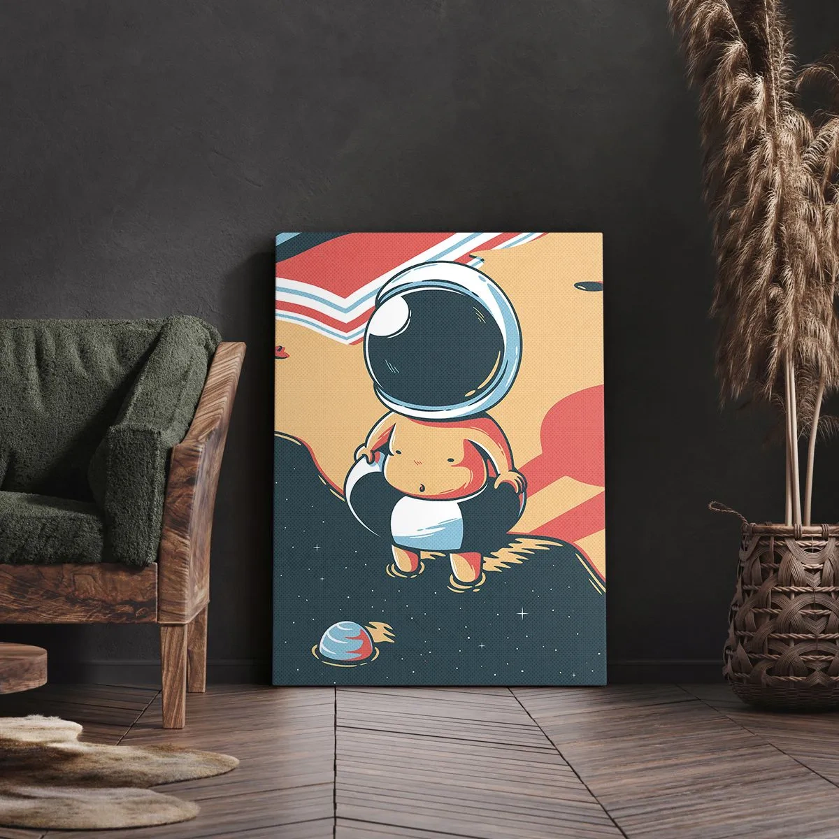 Bild auf Leinwand - Leinwandbild - Lustiger Astronaut am Strand mit Weltraumelementen im Hintergrund - 50x70cm - Aus einer anderen Perspektive - Moderne Wanddekoration für Wohnzimmer und Schlafzimmer ARTTOR