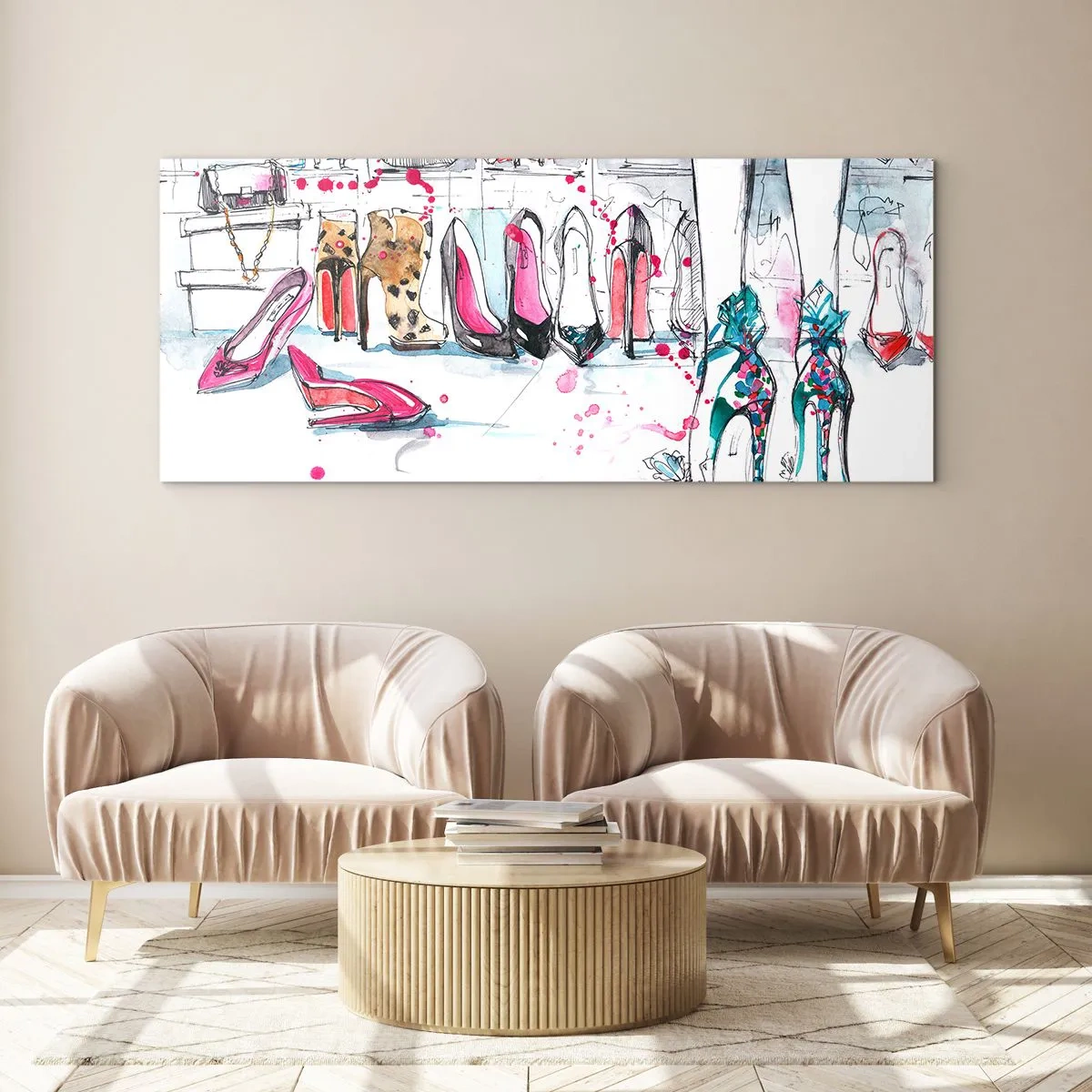 Glasbild - Bild auf glas - Künstlerische Grafiken mit High Heels und Accessoires - 160x50cm - Sesam, mach auf - Moderne Wanddekoration für Wohnzimmer und Schlafzimmer ARTTOR