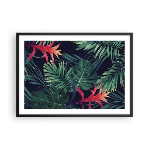 Poster in einem schwarzem Rahmen - Tropische Blätter und Blüten auf dunklem Hintergrund - 70x50cm - Im Grünen in Flammen gehen - Moderne Wanddekoration für Wohnzimmer und Schlafzimmer ARTTOR