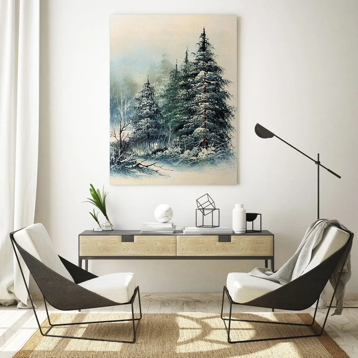 Glasbild - Bild auf glas - Winterlandschaft mit schneebedeckten Bäumen - 70x100cm - Bereit für Weihnachten - Moderne Wanddekoration für Wohnzimmer und Schlafzimmer ARTTOR
