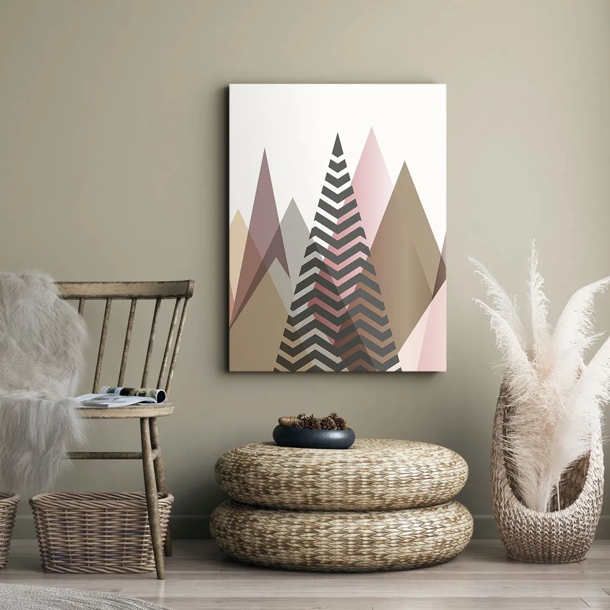 Bild auf Leinwand - Leinwandbild - Bunte geometrische Berge in Pastelltönen - 50x70cm - Pyramidale Aussicht - Moderne Wanddekoration für Wohnzimmer und Schlafzimmer ARTTOR