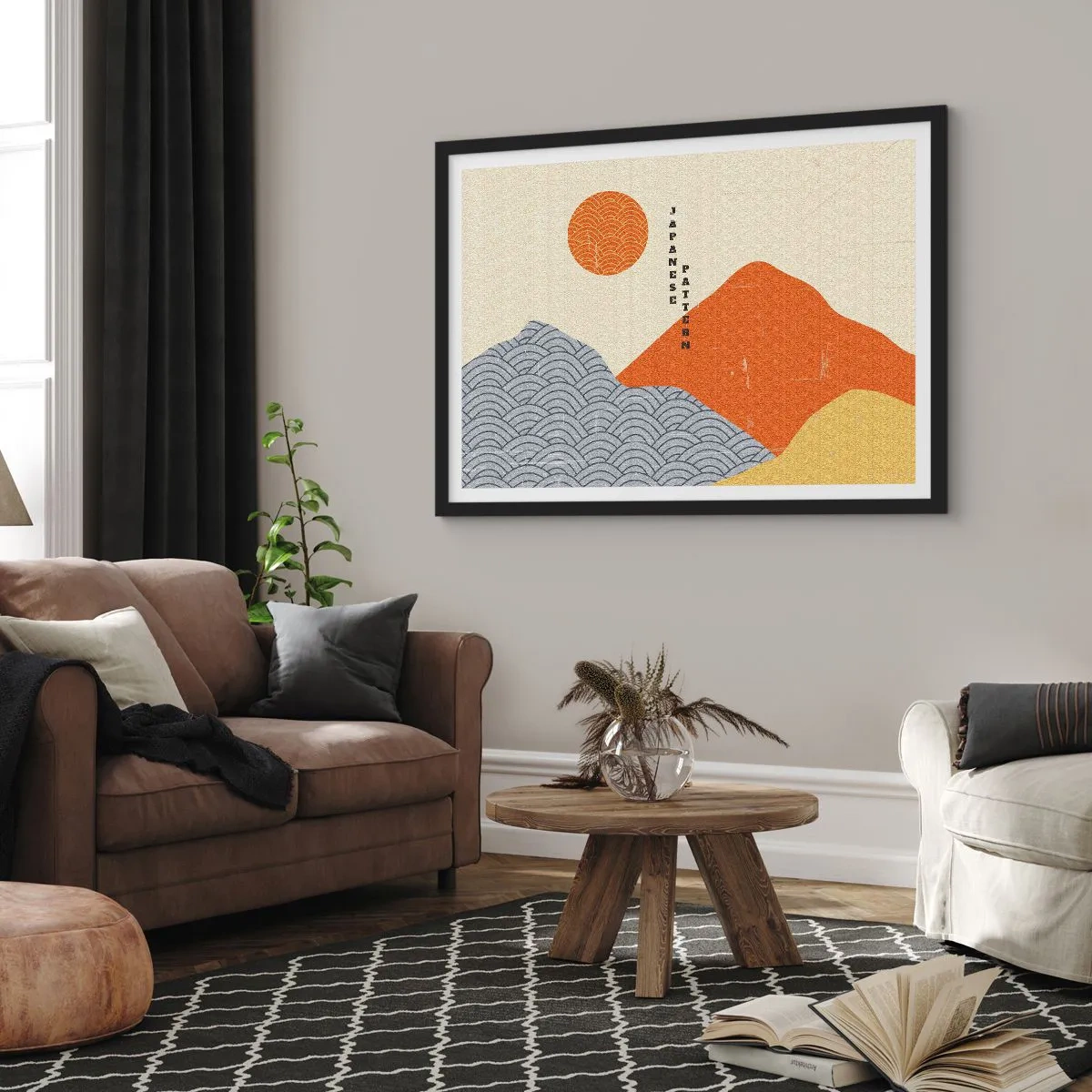 Poster in einem schwarzem Rahmen - Japanische Muster mit Bergen, Sonne und minimalistischem Stil - 70x50cm - Im japanischen Geist - Moderne Wanddekoration für Wohnzimmer und Schlafzimmer ARTTOR