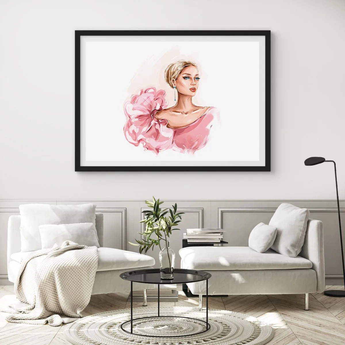 Poster in einem schwarzem Rahmen - Porträt einer Frau in einem rosa Kleid vor hellem Hintergrund - 70x50cm - Wie gemalt ... - Moderne Wanddekoration für Wohnzimmer und Schlafzimmer ARTTOR