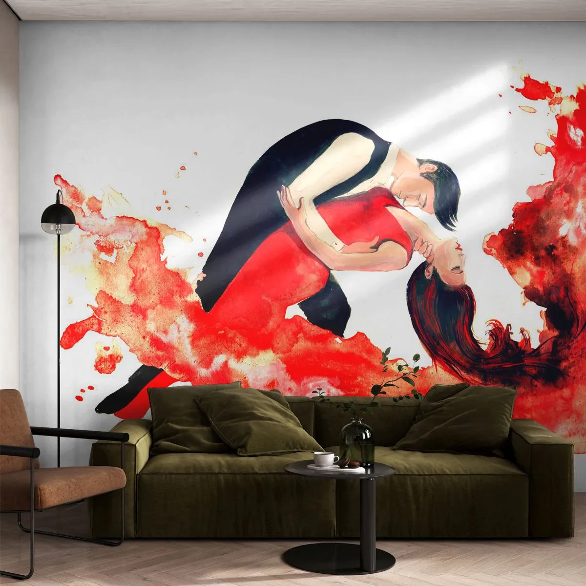 Fototapete Premium Sand - Tänzer in einem feurigen Tanzausdruck im Aquarellstil - 100x70cm - Tango - eine sinnliche Welle - Moderne Wanddekoration für Wohnzimmer und Schlafzimmer ARTTOR
