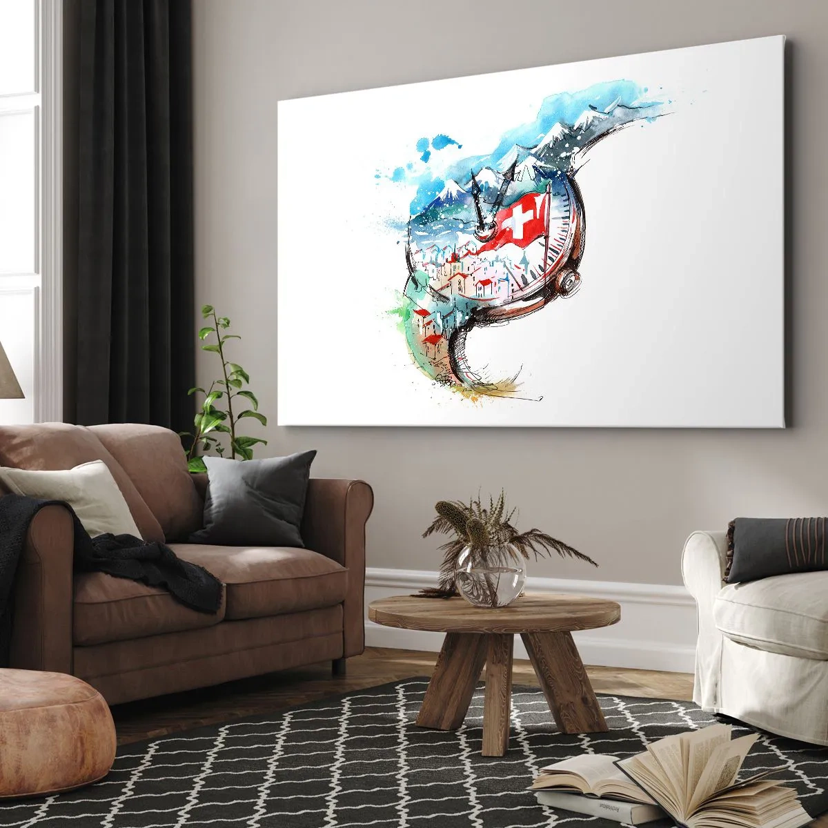 Bild auf Leinwand - Leinwandbild - Eine Aquarelllandschaft der Schweiz im Uhrwerk-Design - 70x50cm - Der Geist der Schweiz - Moderne Wanddekoration für Wohnzimmer und Schlafzimmer ARTTOR